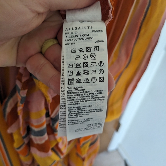 All Saints Paola Cotton Orange Yellow Pink Stripe Spaghetti Strap Midi Dress - Picture 5 of 9
